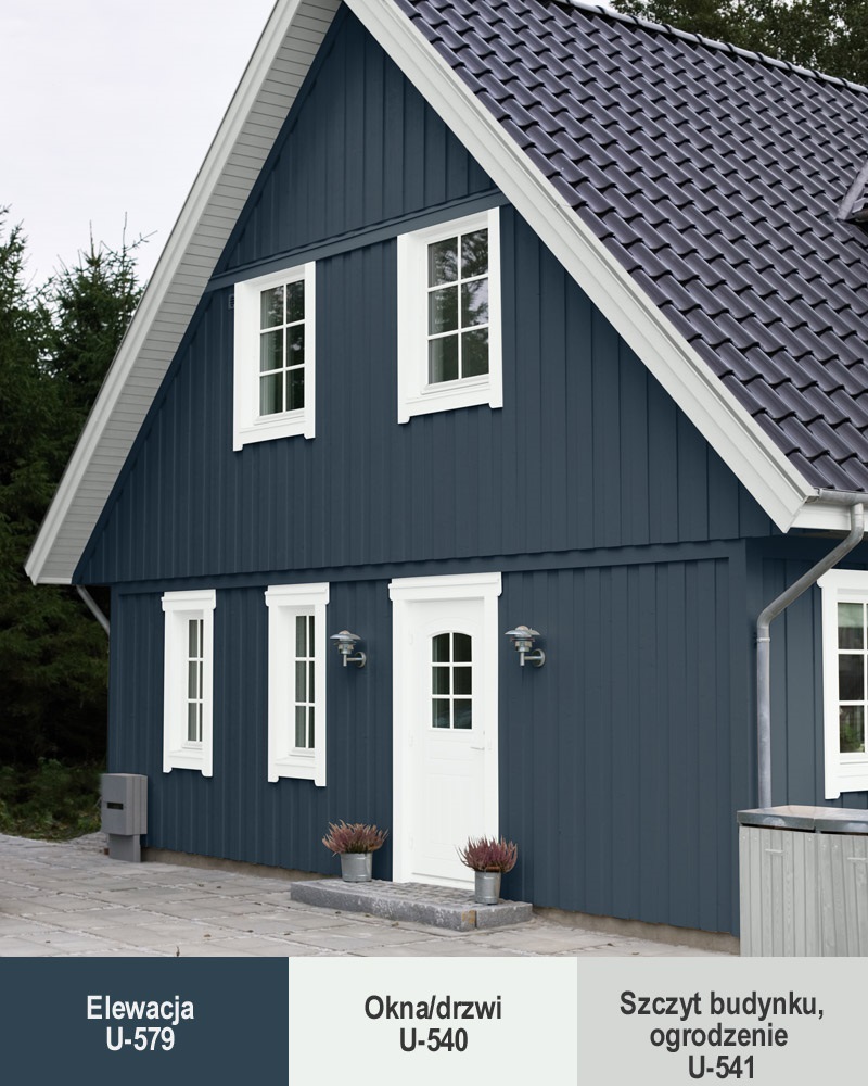 Jasne okna na tle ciemnej elewacji nadają całości lekki, wyrafinowany wygląd. Kolor elewacji decyduje o ogólnym wrażeniu. Tutaj elewacja ma wyrazisty kolor, a stolarka jest jasna i neutralna.